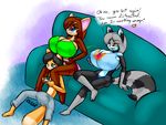  2015 anthro big_breasts breasts bulge cat cleavage clothed clothing english_text feline female group huge_breasts male mammal mouse norithics raccoon rodent sofa text 