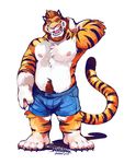 barefoot beard brown_hair clothed clothing facial_hair feline hair half-dressed male mammal nipples pink_nose solo super-tuler tiger topless 