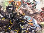  404_(girls_frontline) 4girls :q aircraft arm_up armband assault_rifle bangs beret black_bow black_footwear black_gloves black_jacket black_shorts black_skirt blue_hair blush boots bow brown_eyes brown_hair brown_legwear building burning car closed_mouth commentary_request cross-laced_footwear day dress_shirt dutch_angle eyebrows_visible_through_hair fingerless_gloves fingernails fire flat_cap floating_hair g11 g11_(girls_frontline) girls_frontline gloves green_eyes green_hair green_jacket ground_vehicle gun h&amp;k_ump45 h&amp;k_ump9 hair_between_eyes hair_bow hair_ornament hairclip hand_on_headwear hat heckler_&amp;_koch helicopter highres hk416 hk416_(girls_frontline) holding holding_gun holding_weapon holster jacket lace-up_boots long_hair long_sleeves looking_at_viewer motor_vehicle multiple_girls navel object_namesake one_knee one_side_up open_clothes open_jacket outdoors pantyhose parted_lips pleated_skirt purple_jacket purple_legwear red_eyes red_footwear rifle rubble scar scar_across_eye shirt shoe_soles short_shorts shorts silver_hair skirt skyscraper smile smoke standing swordsouls thigh_holster thighhighs tongue tongue_out tree trigger_discipline twintails ump45_(girls_frontline) ump9_(girls_frontline) very_long_hair weapon white_gloves white_shirt 