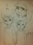  ambiguous_gender anthro cat clothing cub feline group hand_holding male mammal monochrome open_mouth plain_background shirt sirotae_konnta size_difference sketch young 