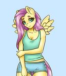  2015 absurd_res anthro anthrofied cleavage clothed clothing equine female fluttershy_(mlp) friendship_is_magic fur hair hi_res looking_at_viewer mammal my_little_pony pegasus pink_hair plain_background smile solo teal_eyes wings wooxx yellow_fur 