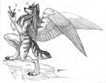  2014 anthro arthropod butterfly canine collaboration coyox female hair insect long_hair looking_up mammal monochrome qzurr rock smile solo standing tala_(suntattoowolf) traditional_media_(artwork) wings wolf 