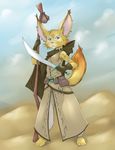  anthro barefoot canine cloak clothed clothing cloud cloudscape coat desert ear_piercing female fennec fox fur jewelry looking_at_viewer mammal melee_weapon outside piercing risingdragon sky solo sword tatoos walking_stick weapon 