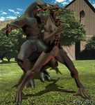  2013 3d alien anthro barn black_jackal cgi dragon duo gay grass halo_(series) male nude pose reny_(artist) sangheili sheath slit smile tree video_games 