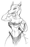  2014 anthro breasts clothed clothing female furry-specific_piercing guoh horn horn_piercing kobold loincloth looking_at_viewer monochrome navel piercing skimpy solo 