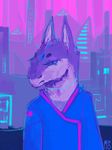  2015 alien ambiguous_gender anthro blue_eyes blue_hair city clothed clothing ear_piercing facial_piercing fur furry-specific_piercing hair mutisija muzzle_piercing necklace nose_piercing outside piercing purple_fur science_fiction short_hair simple_background sketch solo 