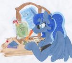  2013 blue_eyes blue_hair book cup desk equine female feral friendship_is_magic hair horn mammal mirror my_little_pony princess_luna_(mlp) scroll solo twilightflopple winged_unicorn wings 