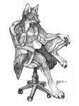  2014 anthro bracelet canine chair clothing collaboration collar coyox jewelry loincloth looking_down male mammal monochrome office_chair qzurr sitting solo thoughtful traditional_media_(artwork) wolf 