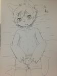  balls big_eyes clothing cub hair kemono looking_at_viewer lying male monochrome multi_nipple nervous nipples open_mouth penis presenting sirotae_konnta sketch solo underwear young 