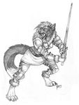  2014 anthro armor collaboration coyox fangs feline female looking_up mammal monochrome open_mouth qzurr sabertooth solo standing sword traditional_media_(artwork) weapon 