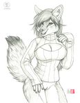  2015 bottomless canine cleavage clothed clothing coyote female kacey keyhole_turtleneck looking_at_viewer mammal pussy sketch solo standing sweater 