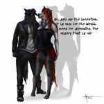  aennor anthro bandanna bitting_ear canine clothing collar corset couple duo english_text eye_contact female hair jacket leg_wear male mammal plain_background playful red_hair shadow standing text white_background wolf 