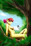  2015 amber_eyes anthro anthrofied apple_bloom_(mlp) blush bow breasts cloud d-lowell duo equine female friendship_is_magic hair horse male mammal mohawk my_little_pony nipples nude outside pony red_hair sitting sky solo_focus thunderlane_(mlp) tree 