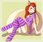  &lt;3 2013 anthro black_nose blue_eyes blush bottomless breasts canine clothing collar female fluffy_tail fox fur hair legwear mammal plain_background purple_shirt pussy red_hair saetia shirt solo stockings white_fur 