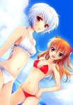  armpits ayanami_rei bikini blue_eyes breasts brown_eyes brown_hair cleavage day hair_ornament long_hair looking_at_viewer medium_breasts mizunomoto multiple_girls navel neon_genesis_evangelion ocean open_mouth outdoors red_bikini short_hair sideboob silver_hair souryuu_asuka_langley swimsuit white_bikini 