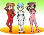  ayanami_rei blue_hair bodysuit fujiko_f_fujio_(style) glasses makinami_mari_illustrious multiple_girls neon_genesis_evangelion parody pink_bodysuit plugsuit rebuild_of_evangelion red_bodysuit red_eyes shikinami_asuka_langley souryuu_asuka_langley style_parody twintails ueyama_michirou white_bodysuit 