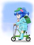  backpack bag bicycle blue_eyes blue_hair ground_vehicle hair_bobbles hair_ornament hat kawashiro_nitori nushin_(nishin-dou) short_hair solo touhou twintails two_side_up 