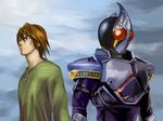  ashi_ura bodysuit breastplate brown_hair dual_persona helmet kamen_rider kamen_rider_blade kamen_rider_blade_(series) kenzaki_kazuma long_sleeves looking_afar male_focus shirt upper_body 