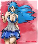  absurdres barefoot blue_hair breasts camisole cleavage flower hair_flower hair_ornament highres large_breasts laxius leg_lift long_hair pointy_ears sarah_brandolino skirt solo wind 