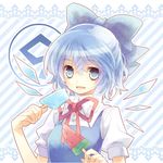  1girl bad_id bad_pixiv_id blue_eyes blue_hair bow cirno dual_wielding food hands holding mugura popsicle short_hair smile solo touhou watermelon_bar wings 