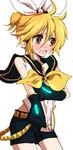  bad_id bad_pixiv_id blonde_hair blush camayu cosplay crossdressing headphones kagamine_len kagamine_rin kagamine_rin_(cosplay) male_focus midriff otoko_no_ko shorts simple_background solo vocaloid 