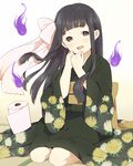  bad_id bad_pixiv_id bangs black_eyes black_hair blunt_bangs blush child copyright_request floral_print ghost hitodama japanese_clothes kimono kneeling looking_at_viewer mosuko open_mouth smile solo toilet_paper 