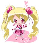  blonde_hair boots bow chibi choker cure_peach fresh_precure! hair_ornament heart heart_hair_ornament long_hair magical_girl meiro_(yuu) momozono_love pink_bow pink_choker pink_footwear precure solo twintails 