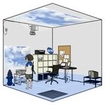  bad_id bad_pixiv_id barefoot chair cloud computer fire_hydrant floorplan hood hood_down hoodie laptop oriental_umbrella original printer projector raglan_sleeves ruri_(uewtsol) sky solo television translated trash_can uewtsol umbrella water 