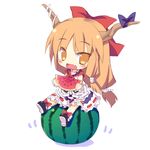  chibi fang food fruit full_body horns ibuki_suika meito_(maze) object_namesake pun sitting sitting_on_object solo touhou watermelon 