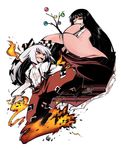  black_hair colorized fire fujiwara_no_mokou highres himuro_(dobu_no_hotori) houraisan_kaguya long_hair multiple_girls nada_haruka touhou white_hair 