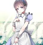  arm_garter bad_id bad_pixiv_id bangs blue_eyes blush bow dress flower garden hair_bow hairband maid nagato_yuki pillar purple_hair sasamori_tomoe short_hair solo suzumiya_haruhi_no_yuuutsu 