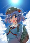  :d akagiakemi arms_behind_back backpack bag blue_eyes blue_hair cloud day fang from_below hair_bobbles hair_ornament hat kawashiro_nitori open_mouth short_hair sky smile solo sun touhou twintails two_side_up 
