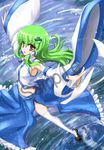  detached_sleeves eatbara green_hair highres kochiya_sanae long_hair midriff outstretched_arms sample solo spread_arms thighhighs touhou water zettai_ryouiki 