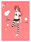  arm_garter bad_id bad_pixiv_id blue_eyes braid graf_eisen grin hammer highres long_hair lyrical_nanoha mahou_shoujo_lyrical_nanoha mahou_shoujo_lyrical_nanoha_a's red_hair renm shirt skirt skull smile solo striped striped_legwear t-shirt thighhighs twin_braids vita zettai_ryouiki 