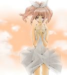  anya_alstreim code_geass dress hair_ribbon hair_tie pink_hair red_eyes ribbon see-through_silhouette short_hair smile solo sonnnabakana sundress thighs white_dress 