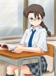  book brown_hair desk glasses lielos long_hair looking_at_viewer minazuki_tomoko necktie original school_desk school_uniform sitting skirt solo 