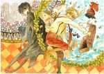  2boys animal_ears bad_id bad_pixiv_id black_hair blonde_hair boots bunny bunny_ears cape copyright_request glasses multiple_boys short_hair sugi suitcase suspenders traditional_media umbrella 