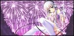  aerial_fireworks bangs bare_shoulders blue_eyes blush cable center_frills checkered checkered_background eyebrows_visible_through_hair fireworks gloves head_tilt headphones holding long_hair looking_at_viewer necktie nomura_teruya original pink_neckwear smile solo thighhighs white_gloves white_hair white_legwear 