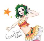  :d armpits belt chan_co cowboy_shot goggles green_hair gumi hand_on_headphones hands happy headphones midriff navel open_mouth short_hair skirt smile solo star vocaloid 