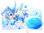  barefoot blue_eyes blue_hair bow cirno foreshortening hands highres ice kanzaki_sora short_hair solo touhou wings 