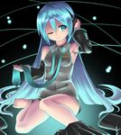  aqua_eyes aqua_hair bad_id bad_pixiv_id barefoot bottomless hair_down hatsune_miku headphones long_hair necktie one_eye_closed orochi_itto skirt skirt_around_one_leg solo twintails undressing vocaloid zipper 