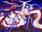  capelet dress electricity from_above highres long_sleeves looking_at_viewer nagae_iku niwatori_gunsou pointing pointing_up purple_hair red_eyes solo touhou white_dress 