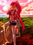  bad_id bad_pixiv_id bikini_top breasts goggles ground_vehicle gun highres jacket jyairo long_hair medium_breasts midriff motor_vehicle ponytail red_hair scooter shorts solo tengen_toppa_gurren_lagann thighhighs underboob weapon yoko_littner 