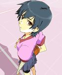  bad_id bad_pixiv_id bakemonogatari bandages basketball black_hair brown_eyes kanbaru_suruga looking_back monogatari_(series) oekaki orie school_uniform short_hair skirt solo 