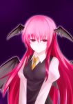  bat_wings head_wings koakuma kumoi_kei long_hair necktie purple_background red_eyes red_hair smile solo touhou wings yellow_neckwear 