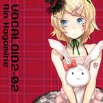  bad_id bad_pixiv_id blonde_hair blue_eyes chin_strap gyoniku_sausage hair_ornament hair_ribbon hairclip hat kagamine_rin lowres mini_hat mini_top_hat red_background ribbon short_hair solo stuffed_animal stuffed_bunny stuffed_toy top_hat vocaloid 