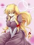  animal_ears bangs between_legs blonde_hair bow breast_press breasts brown_eyes circle cleavage collarbone dress ears_down elbow_gloves fox_ears fox_tail frilled_dress frills gloves gradient gradient_background hair_bow hand_between_legs kuon_yashiro large_breasts long_hair looking_at_viewer neck no_hat no_headwear puffy_short_sleeves puffy_sleeves purple_background purple_dress short_sleeves sitting smile solo tail taut_clothes taut_dress teeth thighs touhou very_long_hair white_gloves yakumo_yukari yellow_eyes 