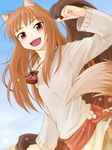  animal_ears brown_hair happy holo long_hair punto red_eyes solo spice_and_wolf tail wolf_ears 