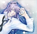  blue_eyes hair_ribbon kamui_gakupo long_hair lying male_focus necktie pocket_watch ponytail purple_hair ribbon snow solo tears vocaloid watch yunaga_5_00 
