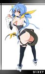  ass back bad_id bad_pixiv_id blue_hair blush dizzy guilty_gear long_hair looking_back red_eyes ribbon shokuen_shiwe solo tail thighhighs 